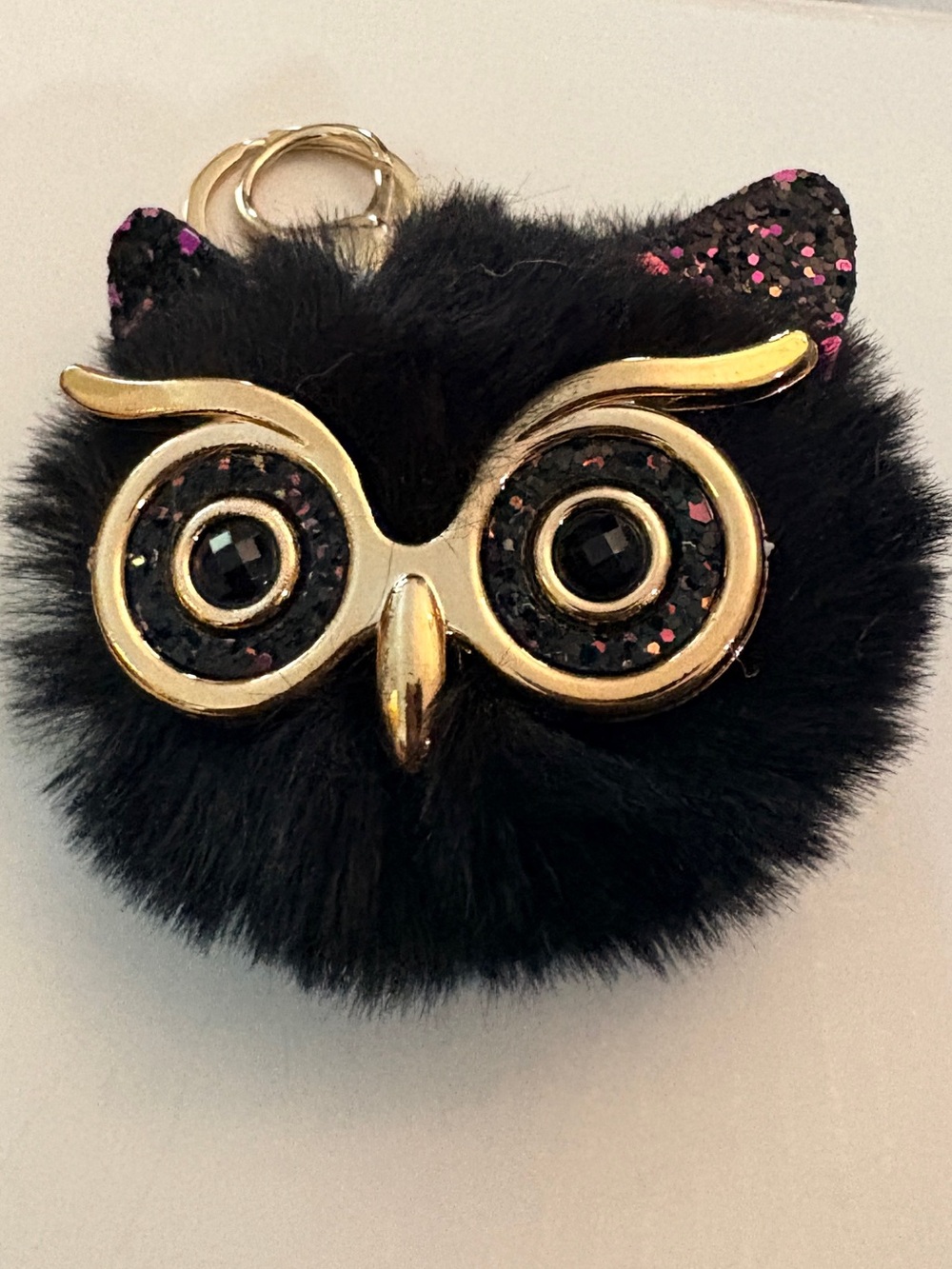 Black Owl Pom Keychain with Gold Accents
